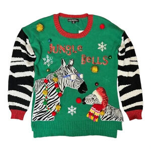 Women’s Green Sequin Embellished Pom Zebra Christmas Holiday Sweater Size M